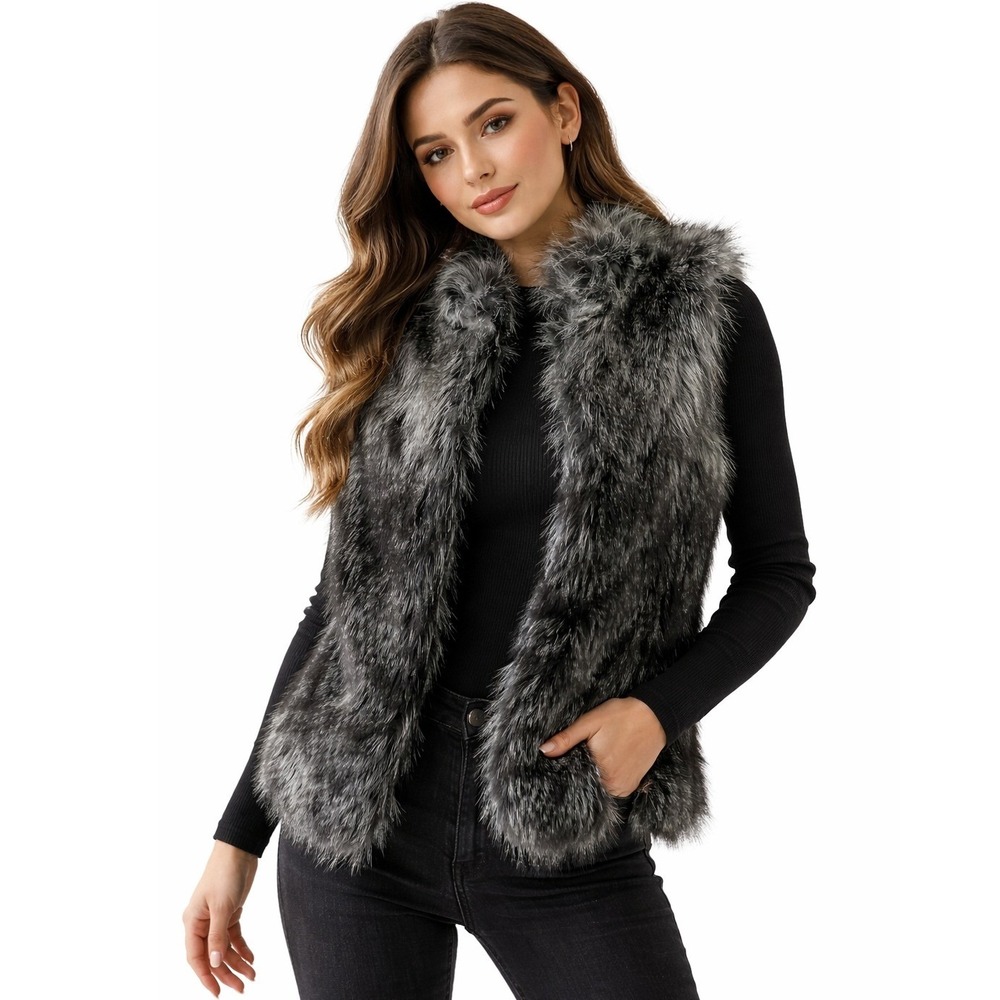 Calvin Klein‎ Jeans Faux Fur Sleeveless Vest Women LG Grey Shaggy Open Front New